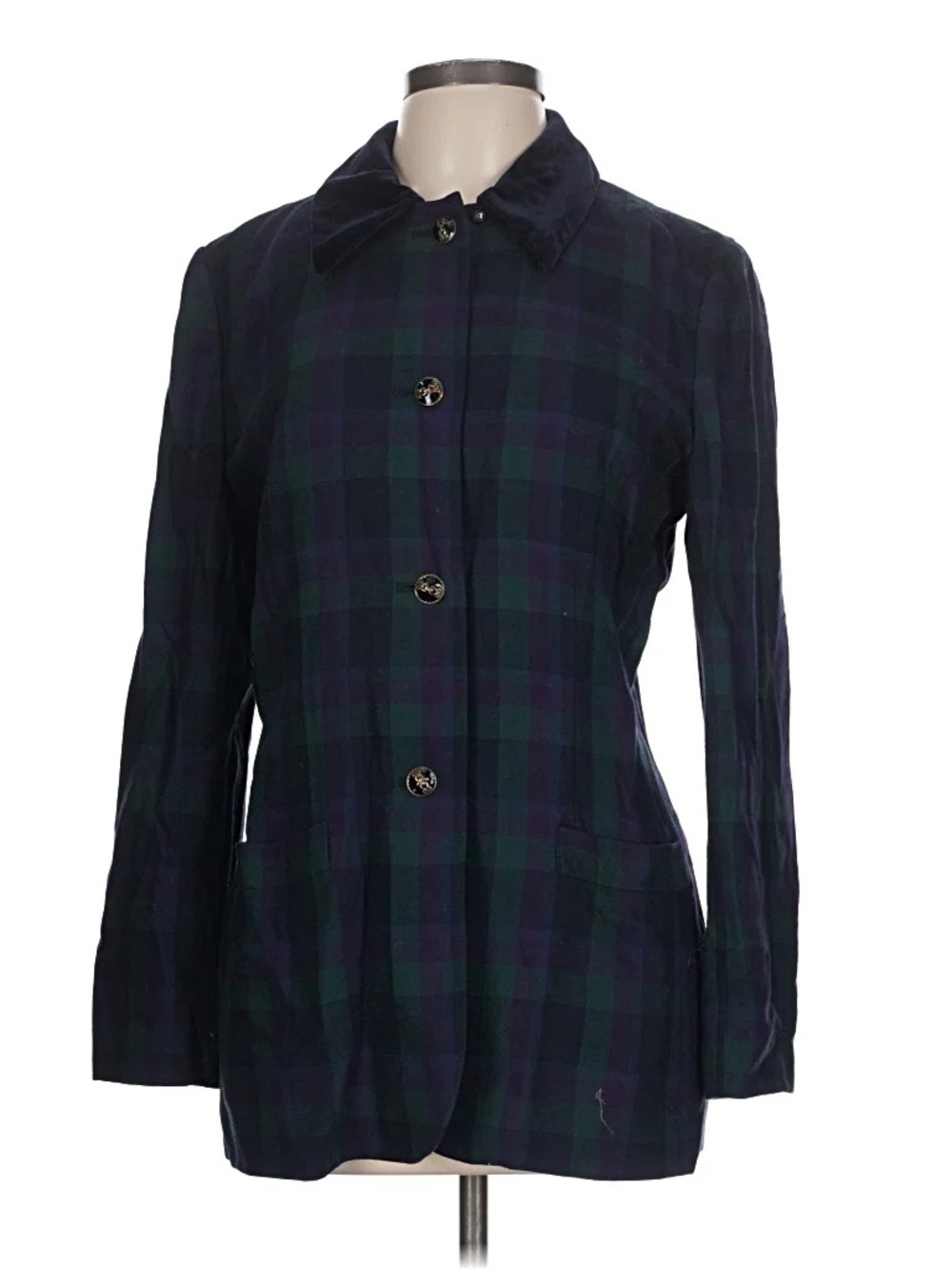 Kasper Blackwatch Plaid Button Front Blazer Jacket - Navy & Green